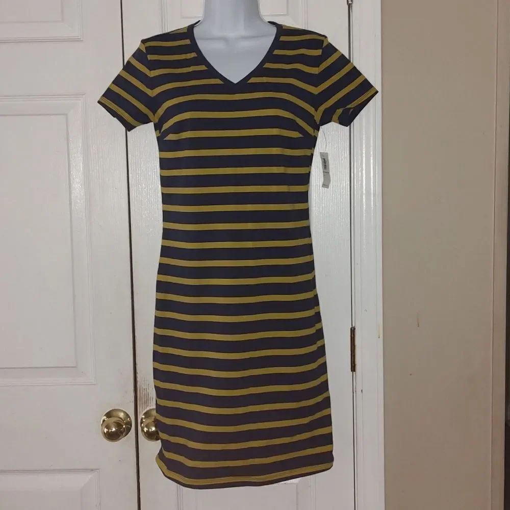 Old Navy navy mustard striped tshirt style dress Sz S NWT